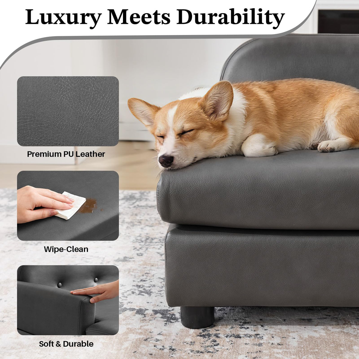 Elevated Dog Sofa Bed with Waterproof Leather – Brown