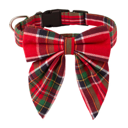 ADOGGYGO Christmas Dog Collar with Bow – Red & Green Plaid Cotton Dog Collar