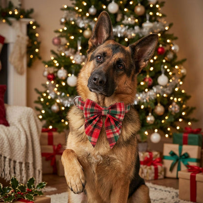 ADOGGYGO Christmas Dog Collar with Bow – Red & Green Plaid Cotton Dog Collar