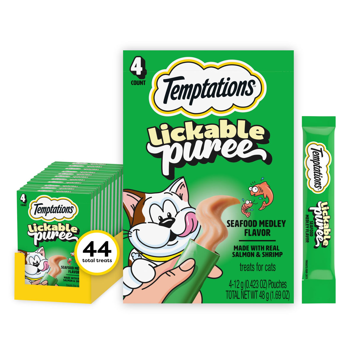 Temptations Creamy Purée Lickable Cat Treats – Seafood Variety, 48 Count