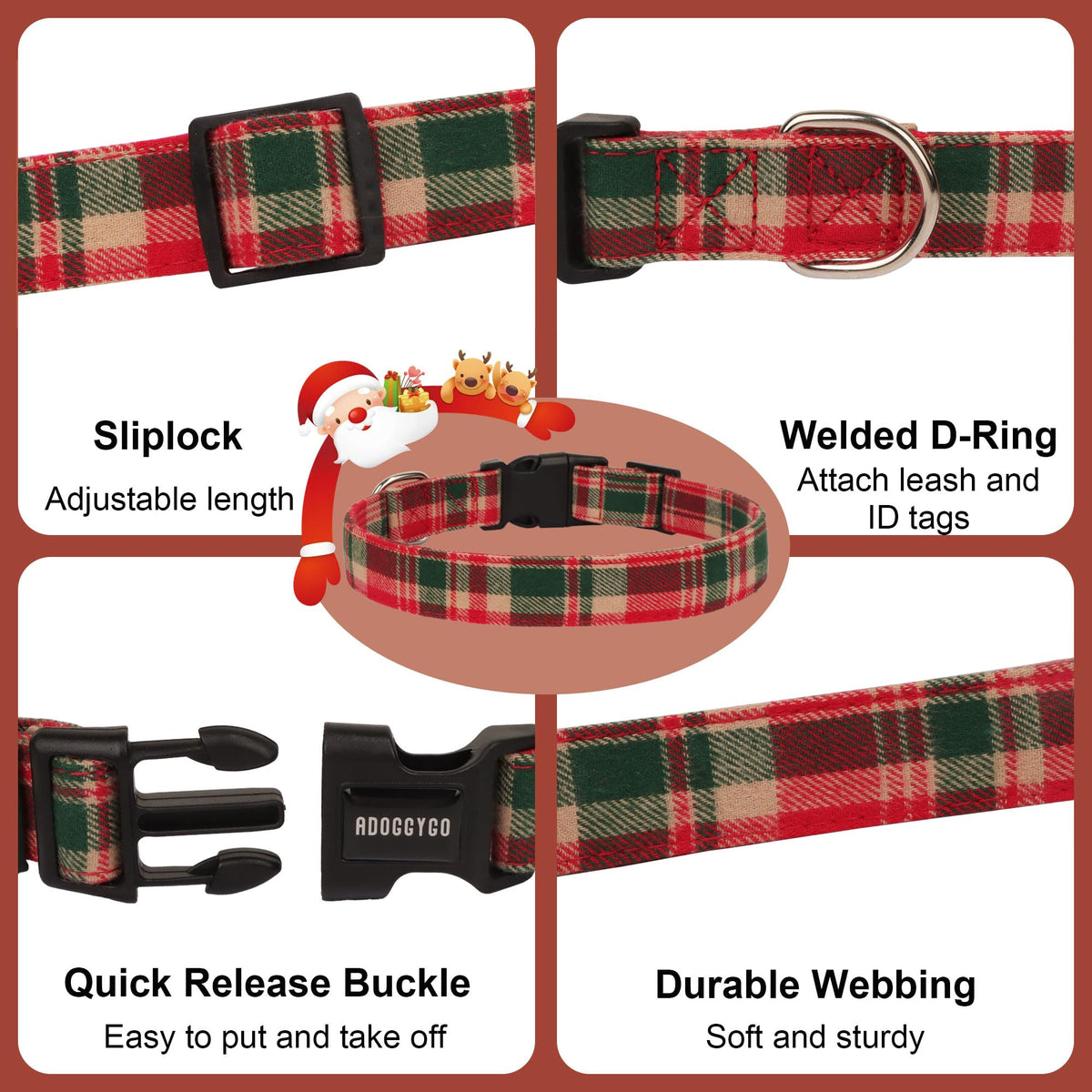 ADOGGYGO Christmas Dog Collar with Bow – Red & Green Plaid Cotton Dog Collar