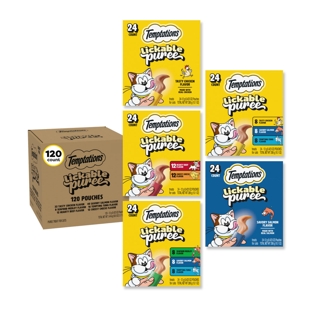 Temptations Creamy Purée Lickable Cat Treats – Seafood Variety, 48 Count