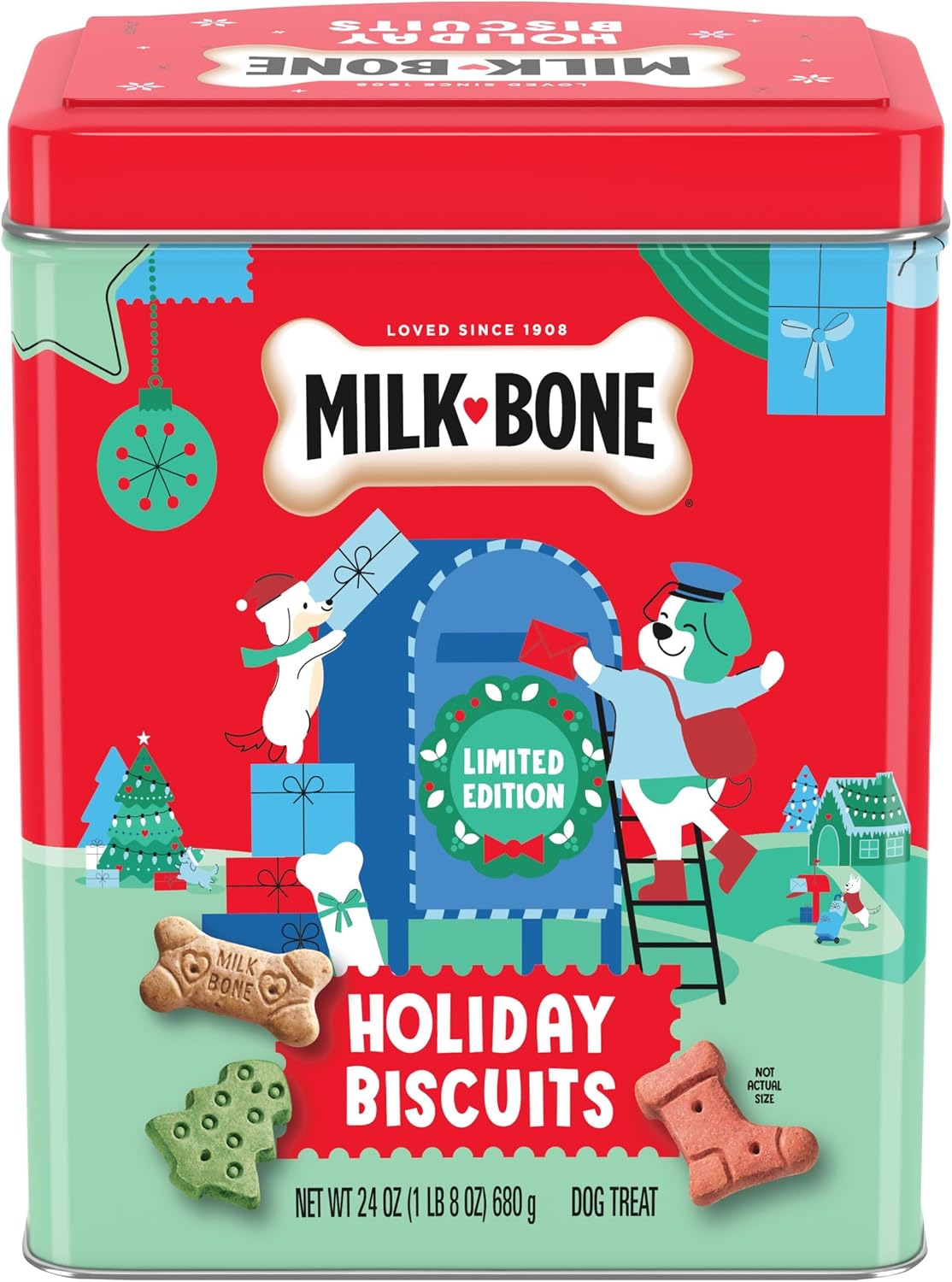 Milk-Bone Limited Edition Holiday Biscuits 24 oz collectible tin with holiday mailbox scene