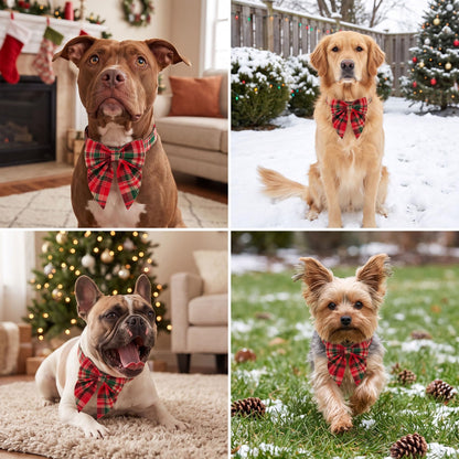ADOGGYGO Christmas Dog Collar with Bow – Red & Green Plaid Cotton Dog Collar