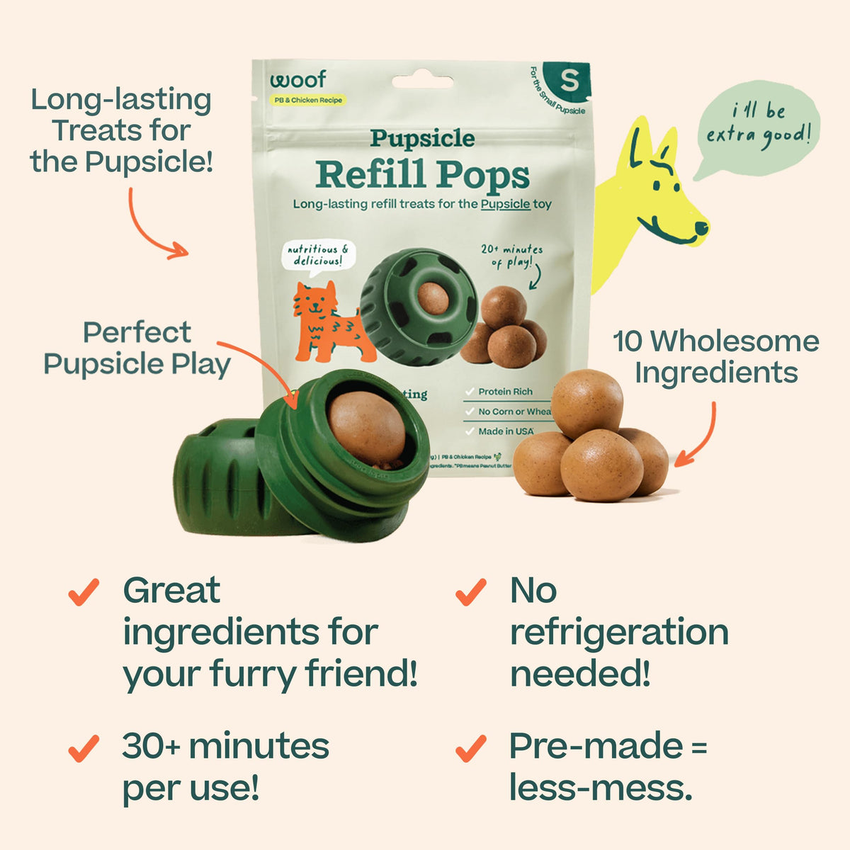 WOOF Pupsicle Refill Pops – Peanut Butter & Beef Treats for Dogs, Large (7 Count)
