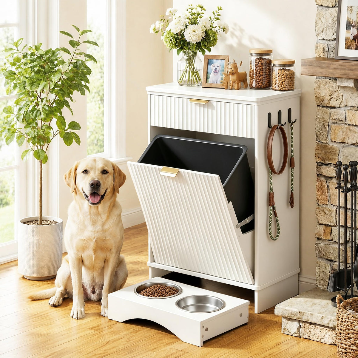Dog Feeding Station with Storage & 2 Elevated Bowls, Walnut