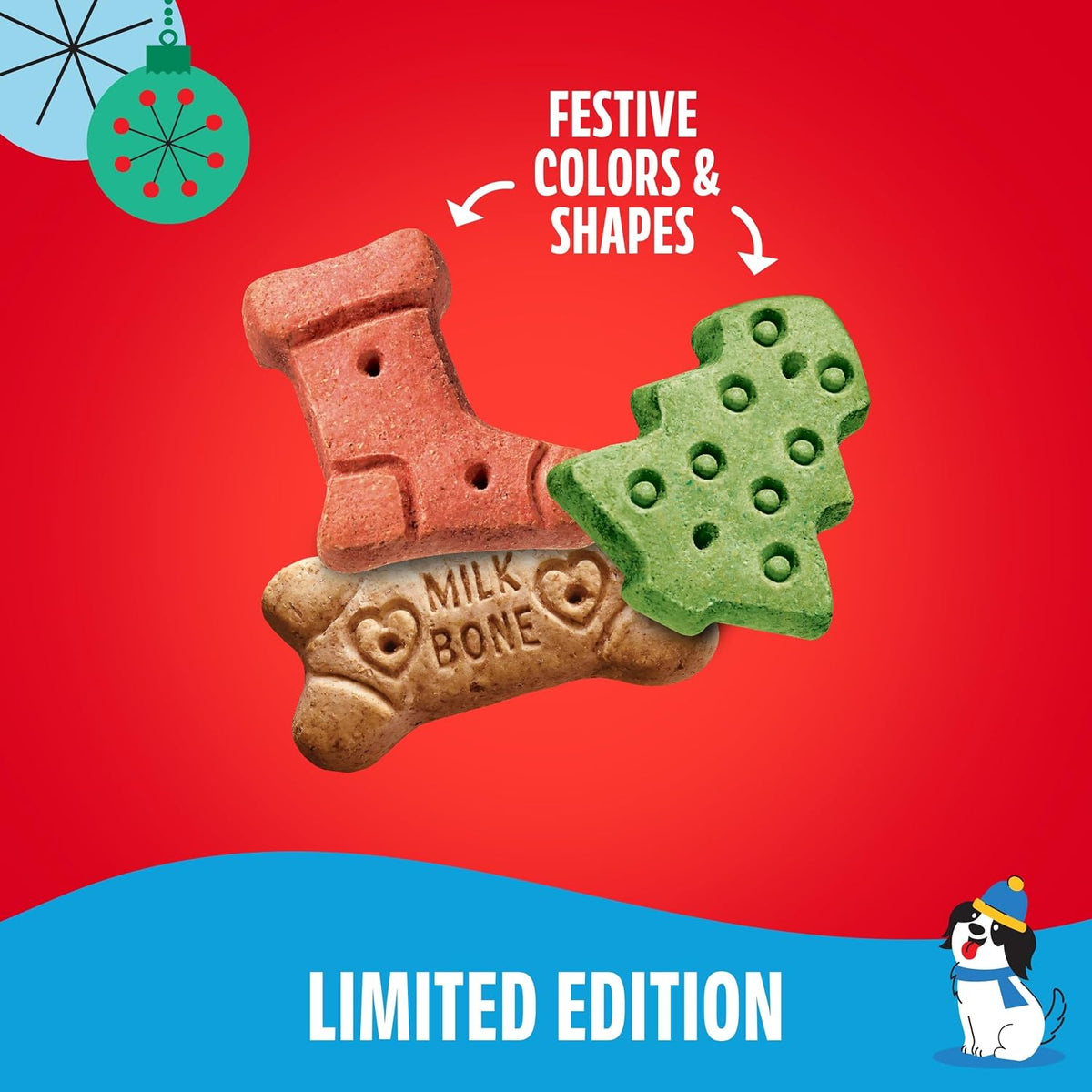 Limited edition festive Milk-Bone biscuit shapes: stocking, bone and tree