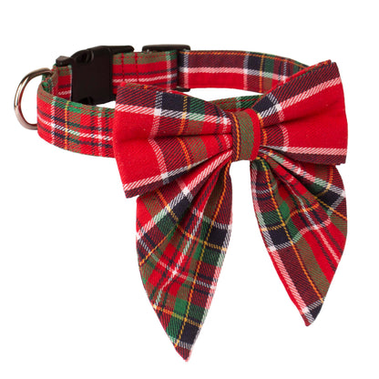 ADOGGYGO Christmas Dog Collar with Bow – Red & Green Plaid Cotton Dog Collar