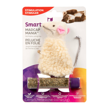 Cat playing with a SmartyKat Skitter Critters catnip mouse toy