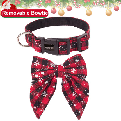 ADOGGYGO Christmas Dog Collar with Bow – Red & Green Plaid Cotton Dog Collar