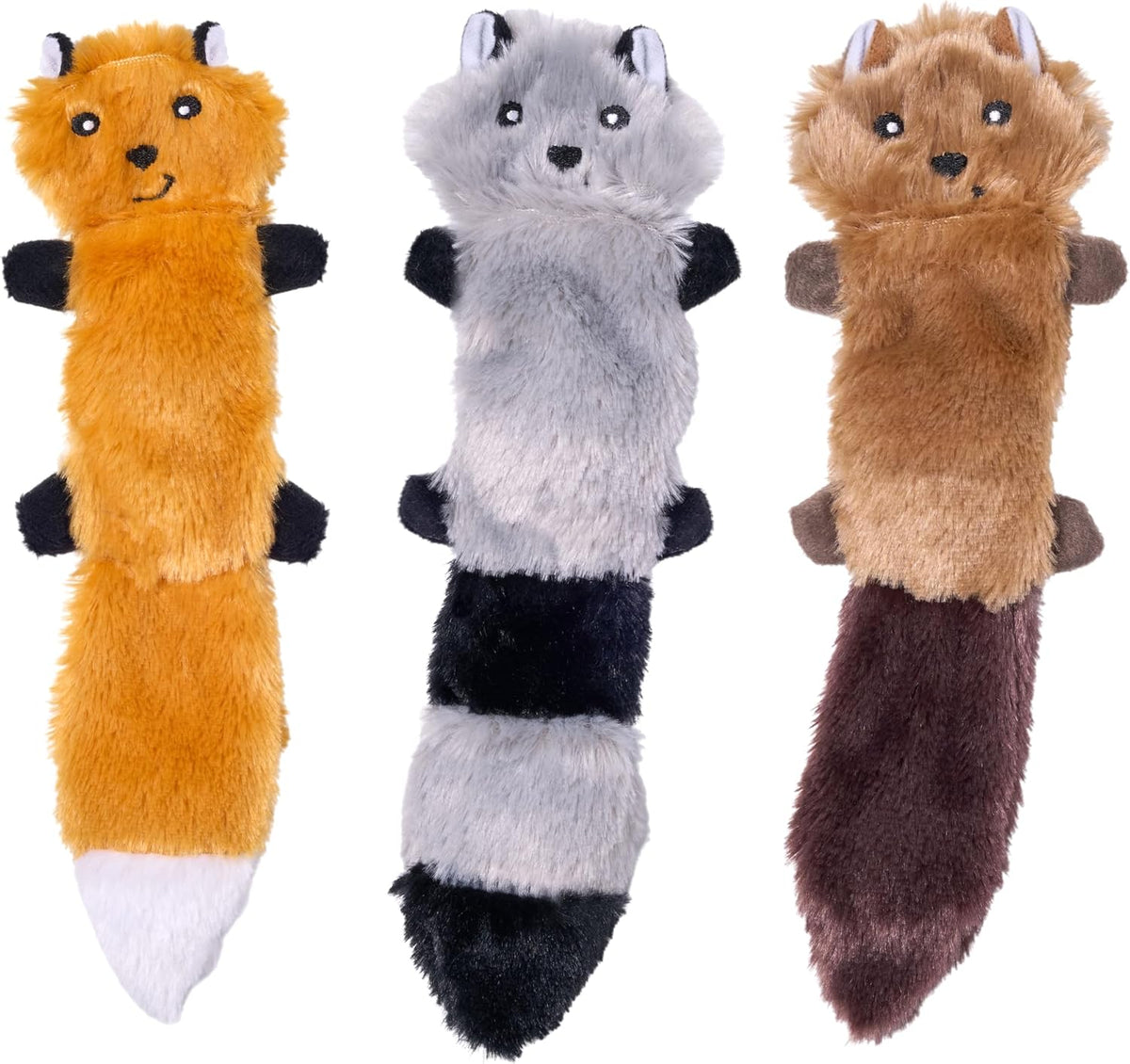 ZippyPaws Skinny Peltz no stuffing squeaky plush dog toys 3-pack fox raccoon squirrel