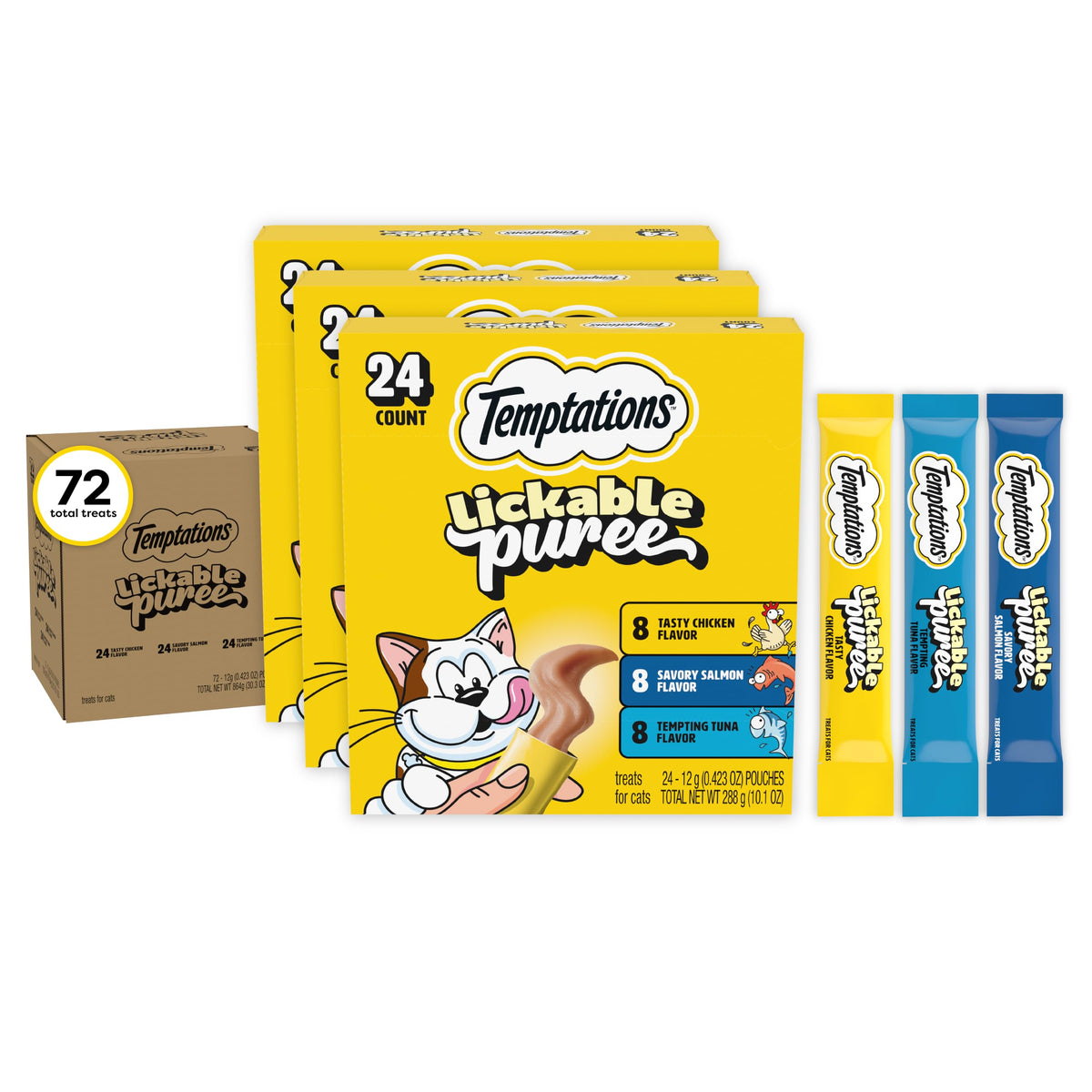 Temptations Creamy Purée Lickable Cat Treats – Seafood Variety, 48 Count