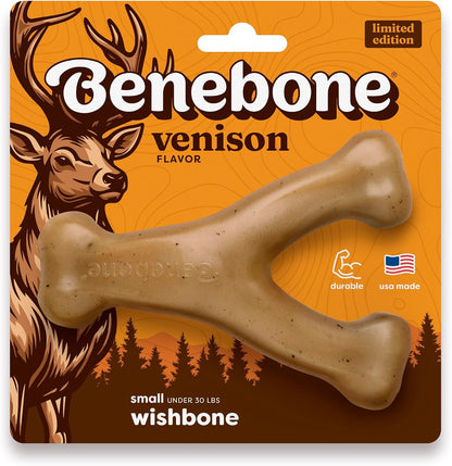 Dog chewing a Benebone Wishbone long-lasting nylon chew toy