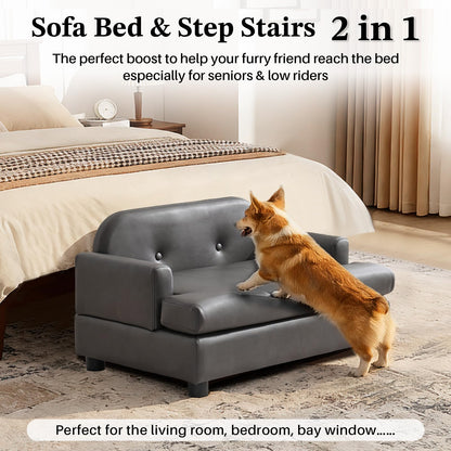 Elevated Dog Sofa Bed with Waterproof Leather – Brown