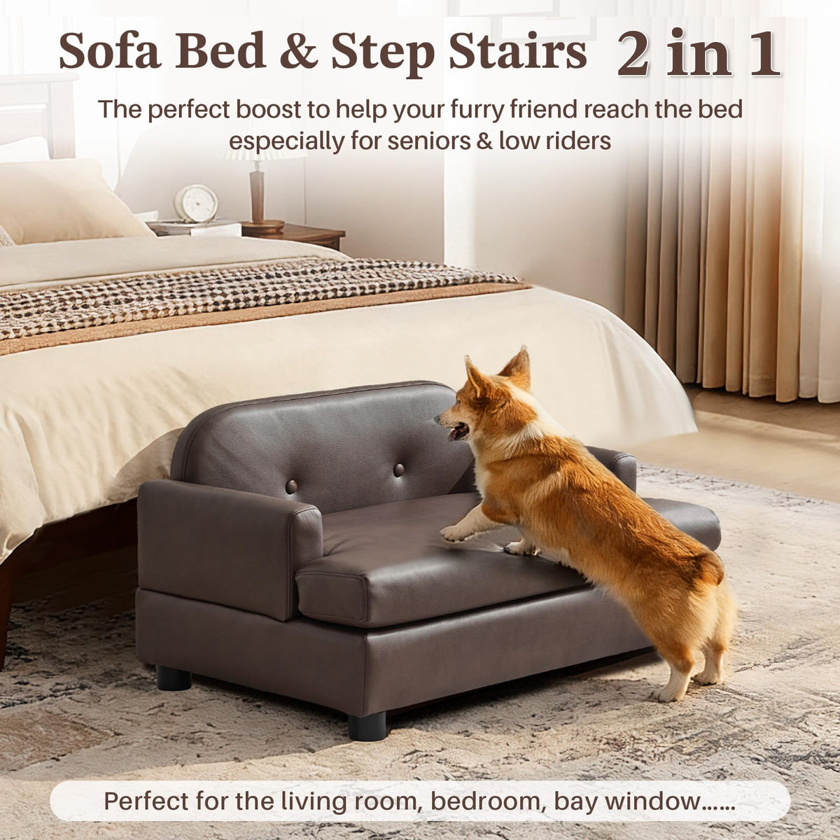 Elevated Dog Sofa Bed with Waterproof Leather – Brown