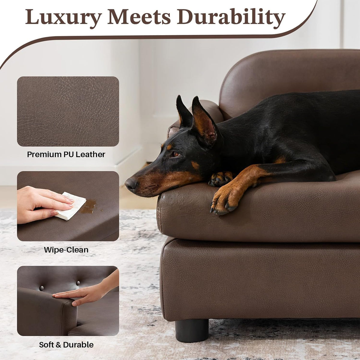 Elevated Dog Sofa Bed with Waterproof Leather – Brown