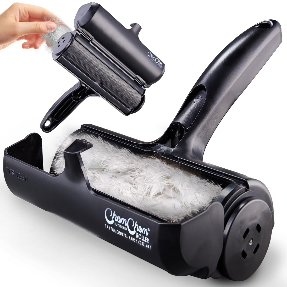 Using a ChomChom Roller to remove pet hair from a couch