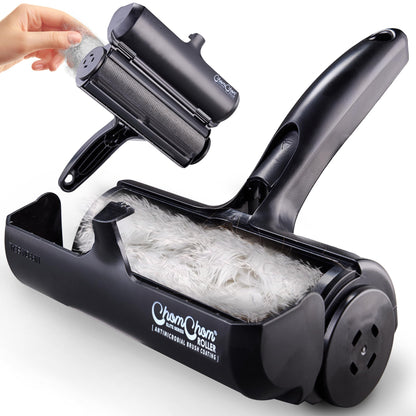 Using a ChomChom Roller to remove pet hair from a couch