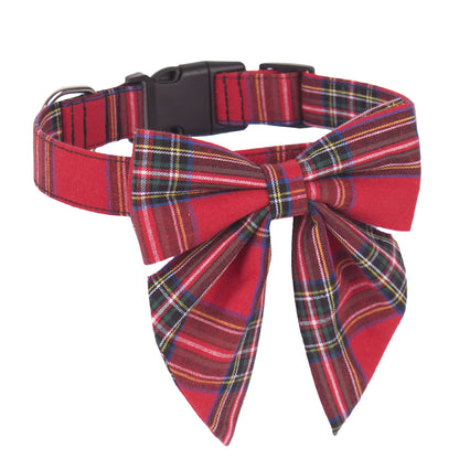 ADOGGYGO Christmas Dog Collar with Bow – Red & Green Plaid Cotton Dog Collar