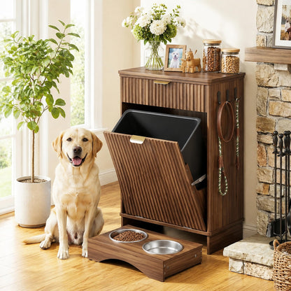 Dog Feeding Station with Storage & 2 Elevated Bowls, Walnut