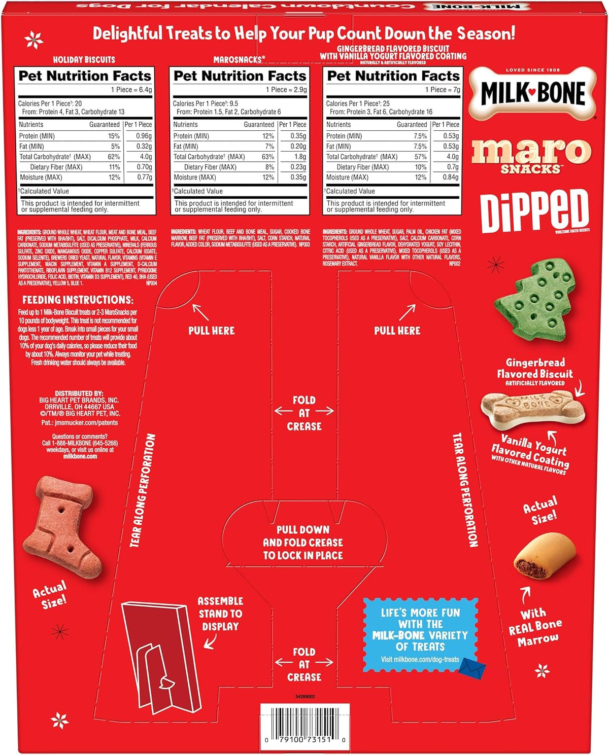 Milk-Bone MaroSnacks Dipped holiday box back panel with nutrition facts and assembly instructions