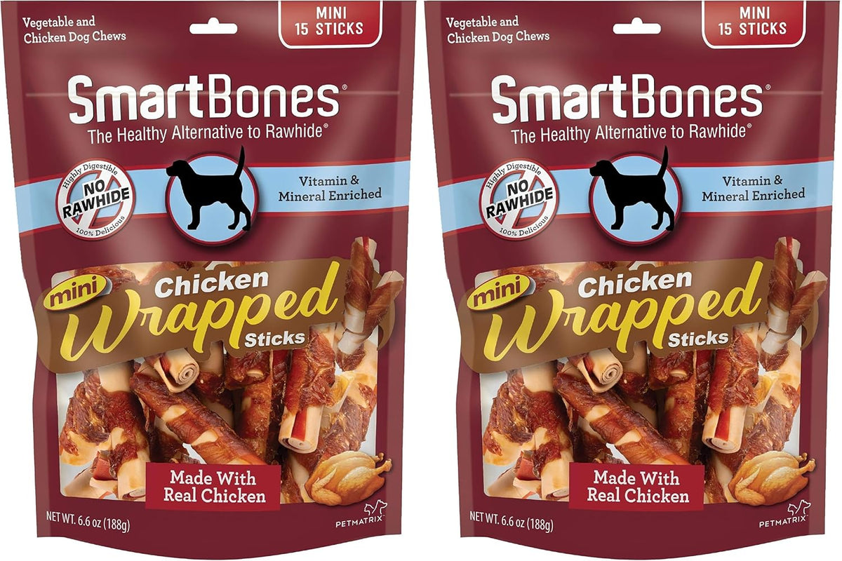 Dog chewing a SmartBones chicken wrapped stick