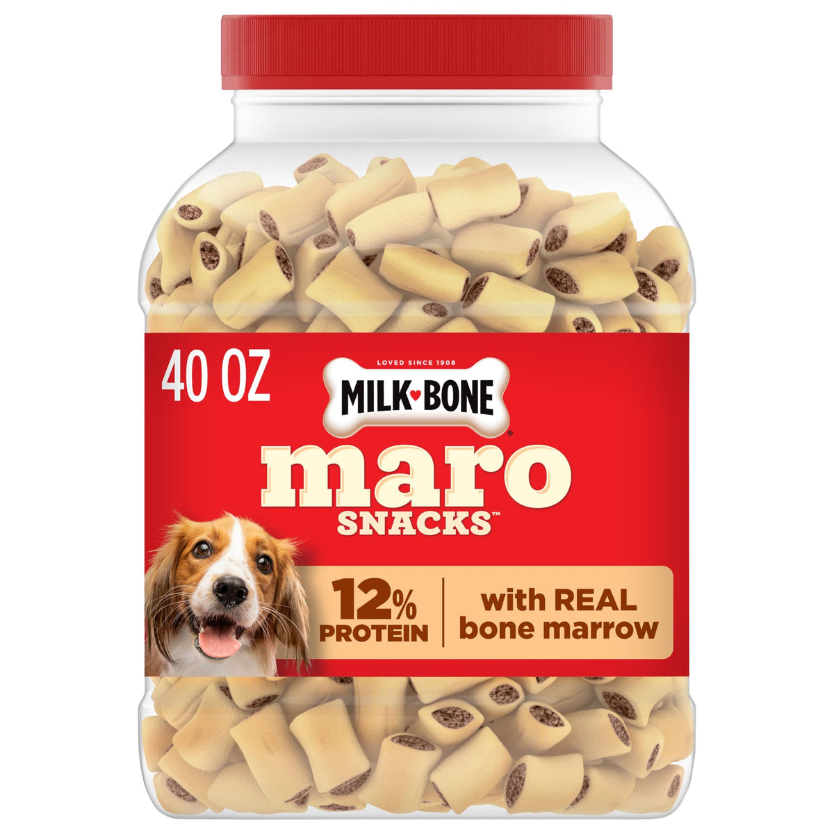 Dog eating a Milk-Bone MaroSnacks crunchy biscuit treat