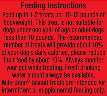 Feeding instructions for Milk-Bone Biscuit treats: feed 1-2 treats per 10-12 pounds of bodyweight