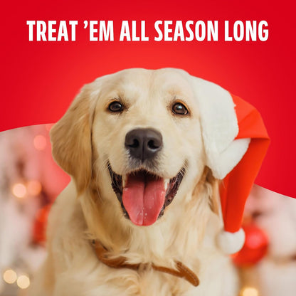 Happy golden retriever wearing a Santa hat: Treat 'em all season long