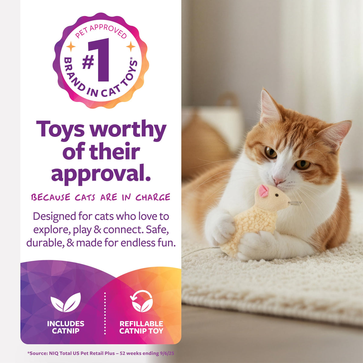 Cat playing with a SmartyKat Skitter Critters catnip mouse toy