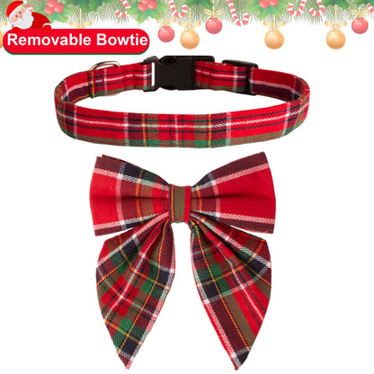 ADOGGYGO Christmas Dog Collar with Bow – Red & Green Plaid Cotton Dog Collar