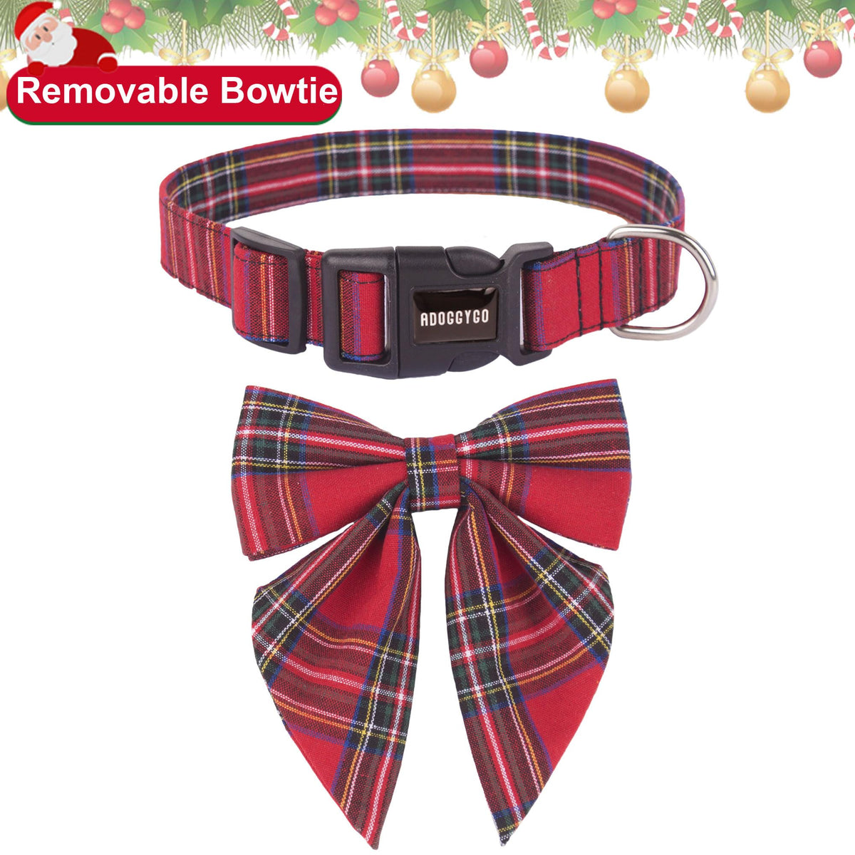 ADOGGYGO Christmas Dog Collar with Bow – Red & Green Plaid Cotton Dog Collar