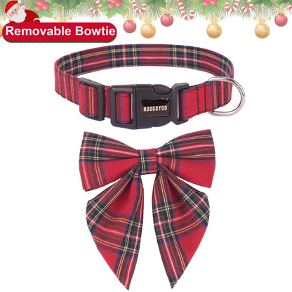 ADOGGYGO Christmas Dog Collar with Bow – Red & Green Plaid Cotton Dog Collar