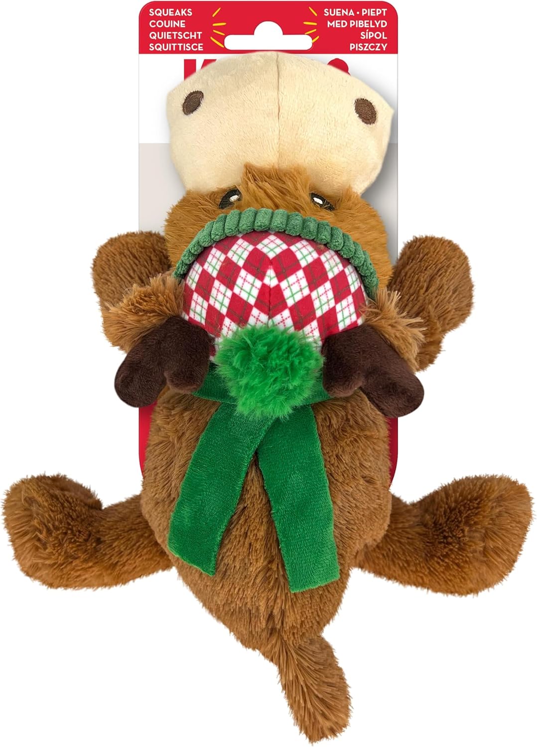 KONG Holiday Cozie Reindeer plush dog toy in retail packaging – brown reindeer with red plaid snowcap and green scarf