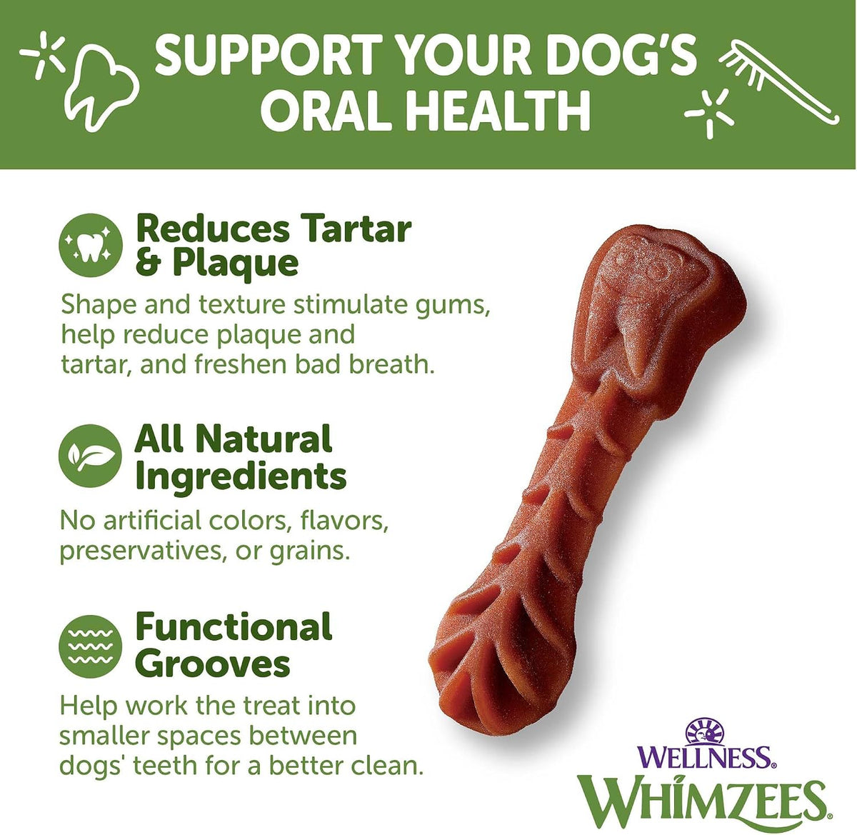 Dog chewing a Whimzees Brushzees toothbrush-shaped chew
