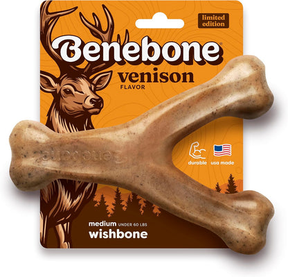 Dog chewing a Benebone Wishbone long-lasting nylon chew toy