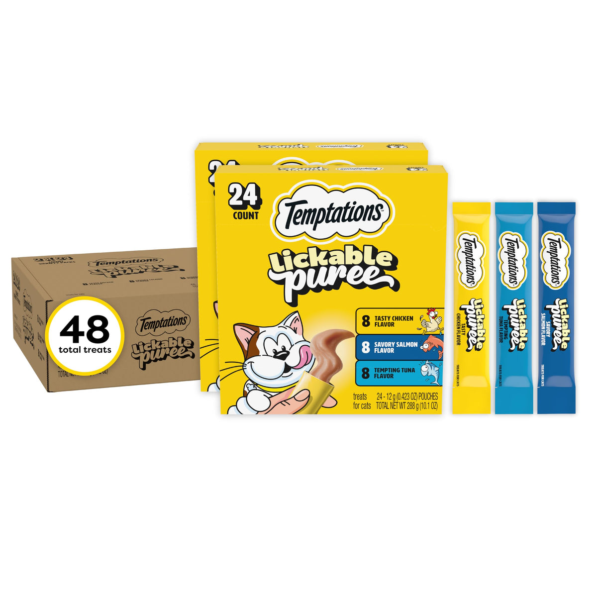 Temptations Creamy Purée Lickable Cat Treats – Seafood Variety, 48 Count