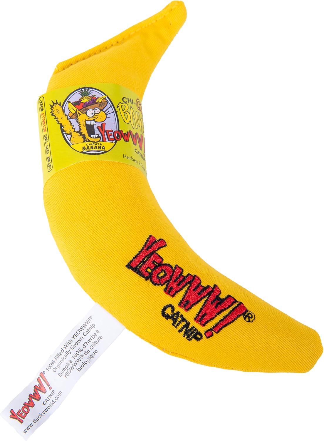 Cat bunny-kicking a Yeowww! Catnip Banana toy