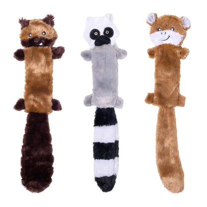 Dog playing with a ZippyPaws Skinny Peltz no-stuffing plush toy
