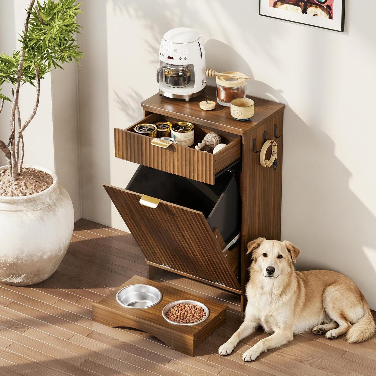 Dog Feeding Station with Storage & 2 Elevated Bowls, Walnut