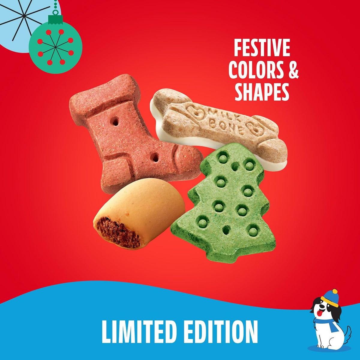 Limited edition Milk-Bone holiday biscuit shapes: stocking, tree and bone