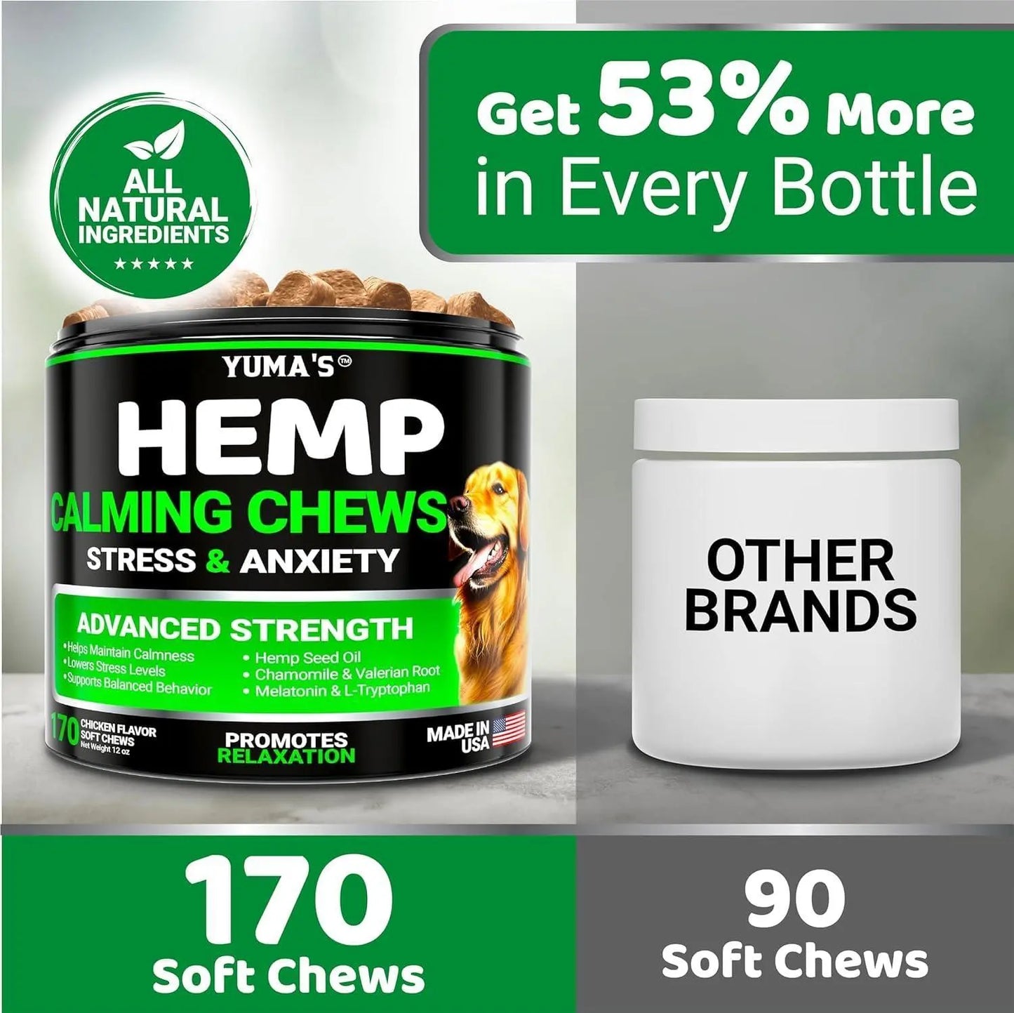 YUMA'S (2 Pack) Hemp Calming Chews for Dogs   Advanced Dog Calming Treats   Dog Calming Chews   340 Chews   Anxiety Relief Treats   Separation Aid Barking Stress Relief   Melatonin   Hemp Oil