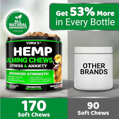 YUMA'S (2 Pack) Hemp Calming Chews for Dogs   Advanced Dog Calming Treats   Dog Calming Chews   340 Chews   Anxiety Relief Treats   Separation Aid Barking Stress Relief   Melatonin   Hemp Oil