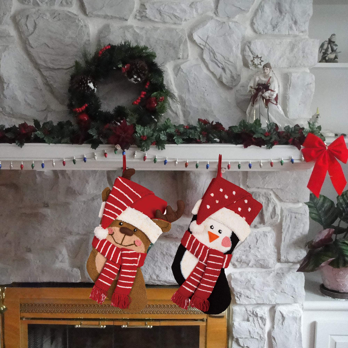 Glitzhome LED Christmas Stockings – 21" Embroidered Linen Stockings, 2-Pack