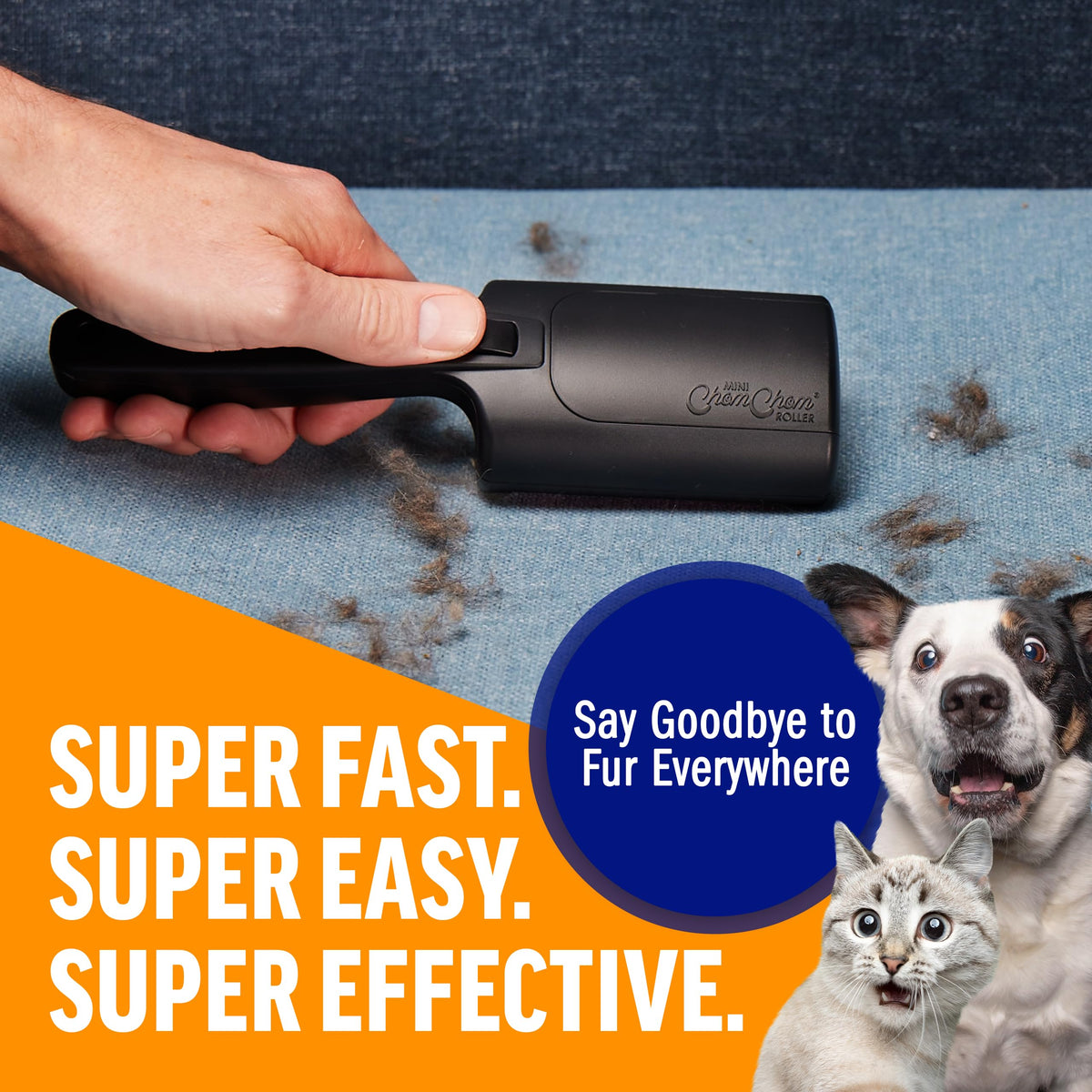 Using a ChomChom Roller to remove pet hair from a couch