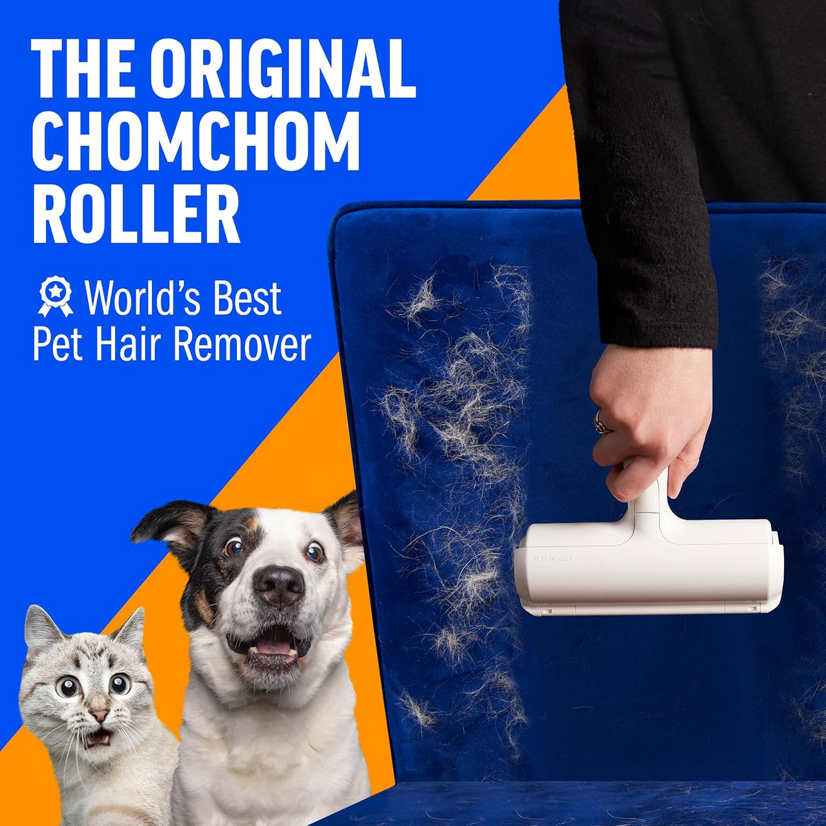 Using a ChomChom Roller to remove pet hair from a couch