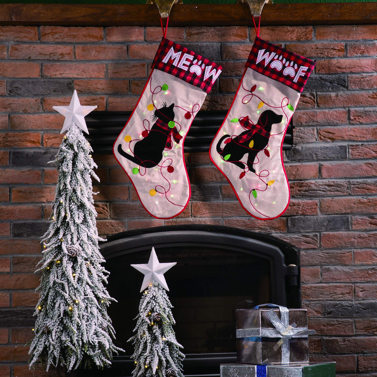 Glitzhome LED Christmas Stockings – 21" Embroidered Linen Stockings, 2-Pack