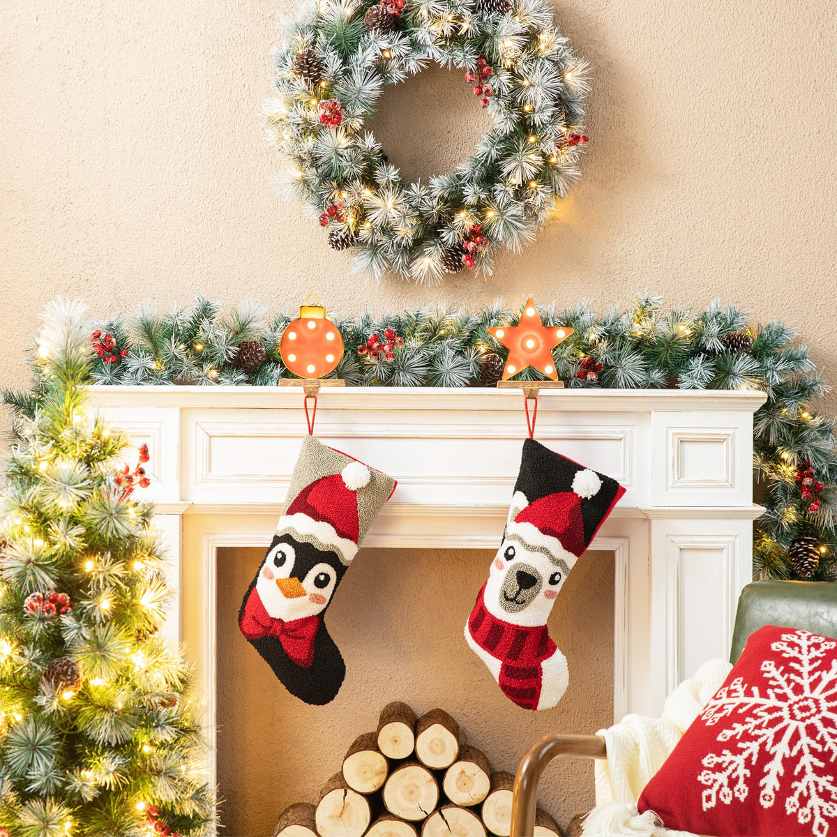 Glitzhome LED Christmas Stockings – 21" Embroidered Linen Stockings, 2-Pack