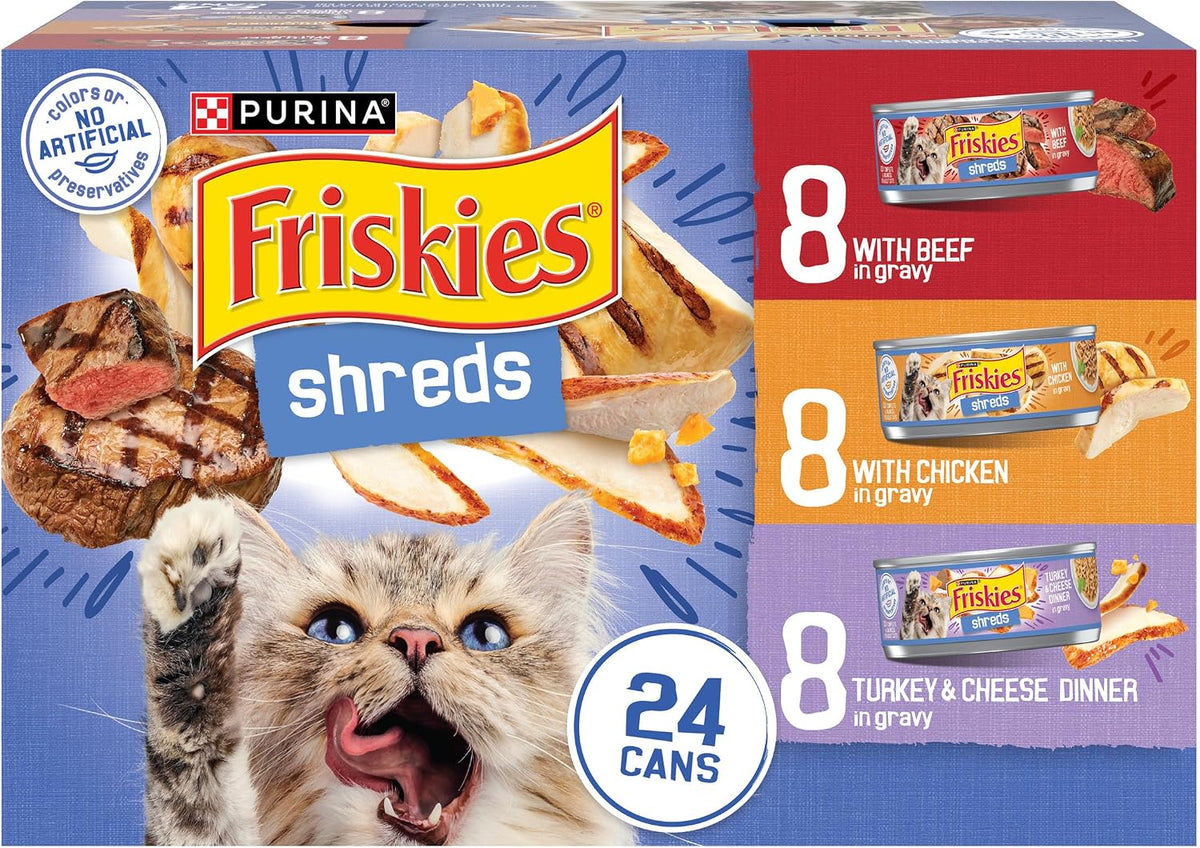 Purina Friskies Shreds Wet Cat Food in Gravy Variety Pack, 24 Cans