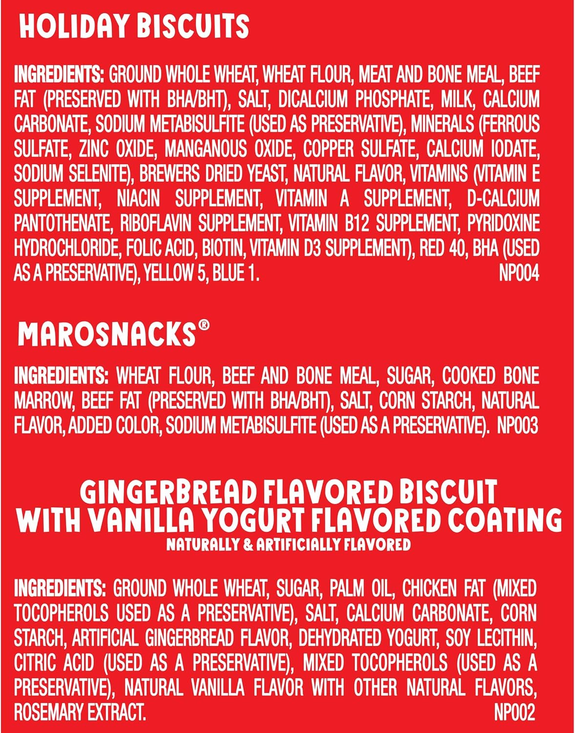 Ingredients for Milk-Bone holiday biscuits, MaroSnacks and gingerbread flavored biscuits